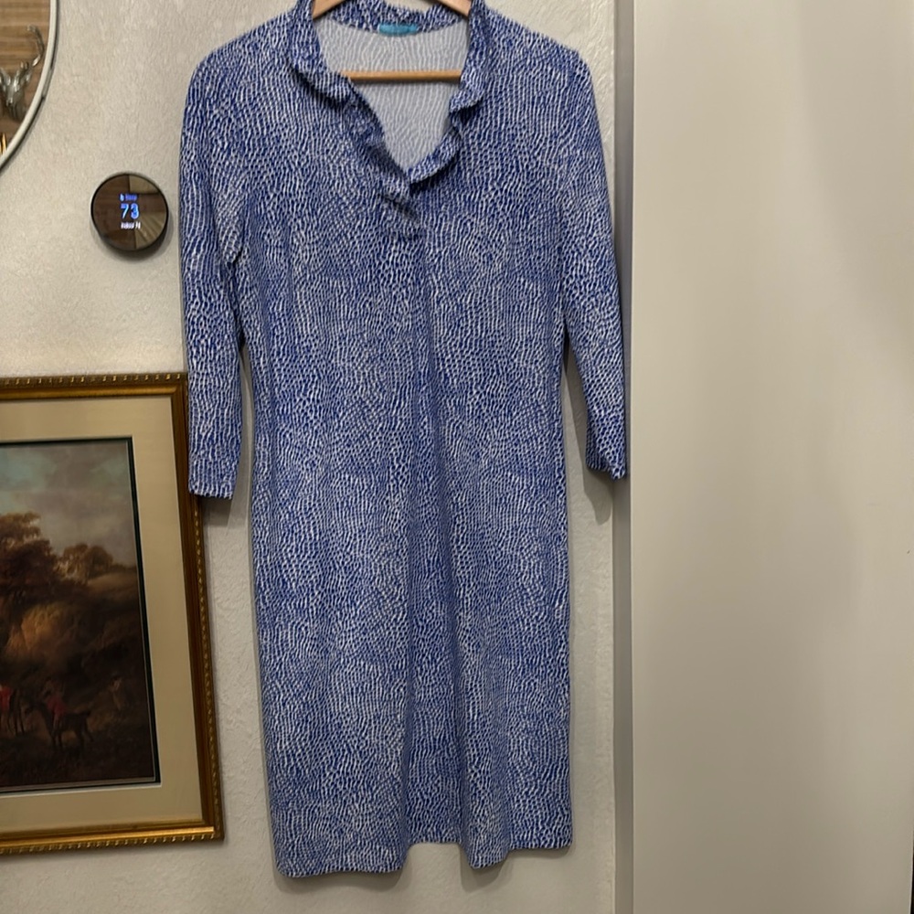 J. McLaughlin women’s blue white dot V neck 3/4 sleeve ruffle neckline dress L